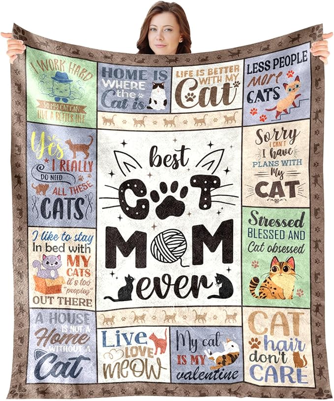 Wxiben Cat Mom Throw Blanket - Cats Mom Gifts for Cats Lovers Cat Mom Ever Throw Blanket Soft Flannel Blanket Gift for Women Pets Lover Gifts for Cats Owners Mother Chair Sofa Bed Home Decor 60x50
