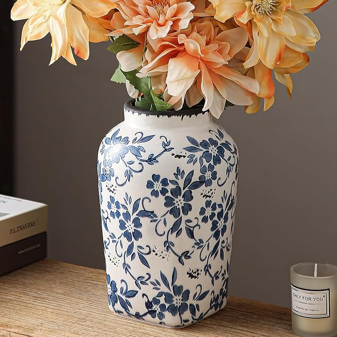 SURE YUESI Blue and White Chinoiserie Vase, Handmade Vintage Floral Ceramic Vase, Round Blue Vase for Flowers, Rustic Table Centerpiece, Blue Vases Home Decor for Living Room, Office, Kitchen 8.4 in