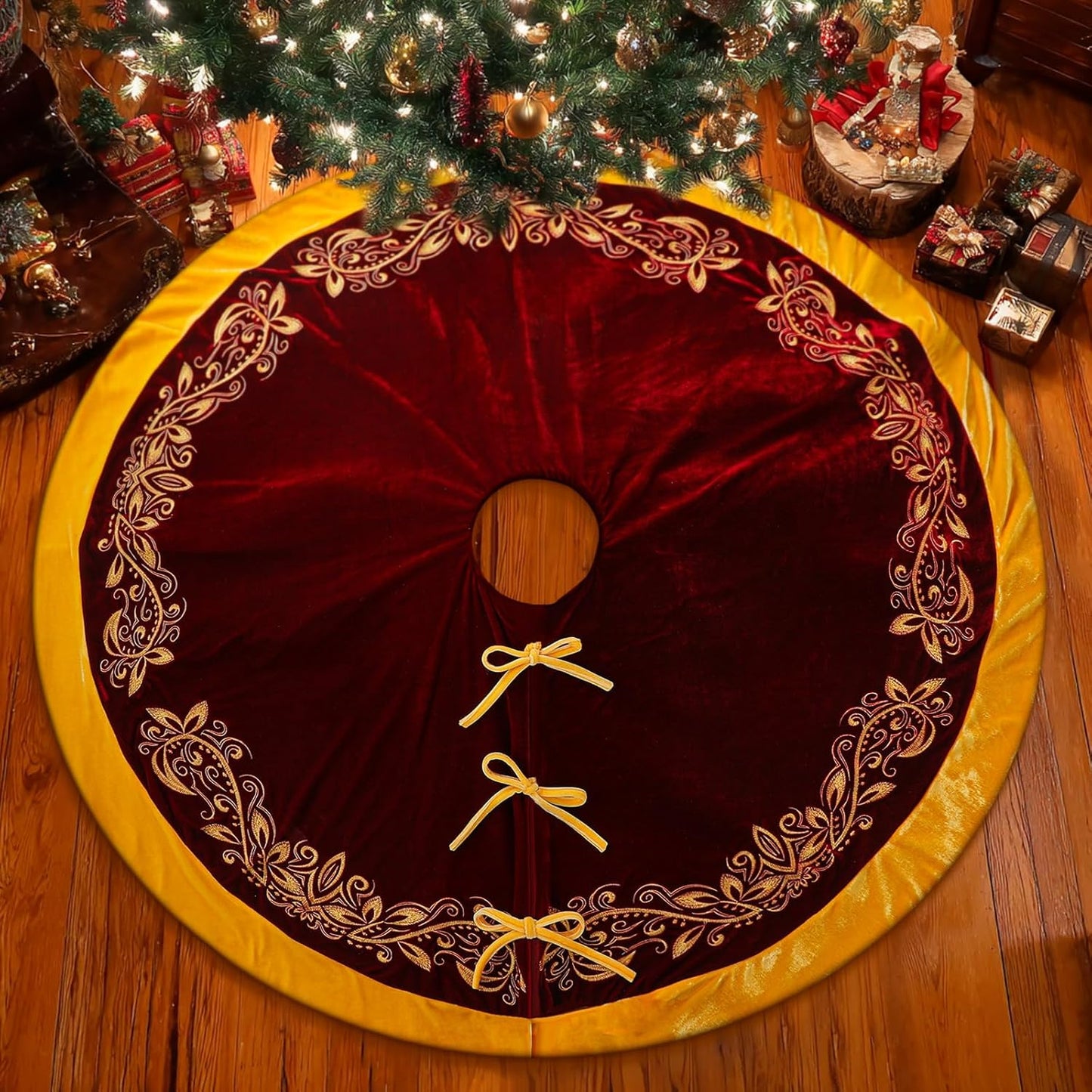 Luxury Velvet Christmas Tree Skirt 48 Inch Gold Victoria Embroidery Vintage Sparking Holly Tree Skirt for Holiday Party Rustic Xmas Decorations Home(Burgundy)