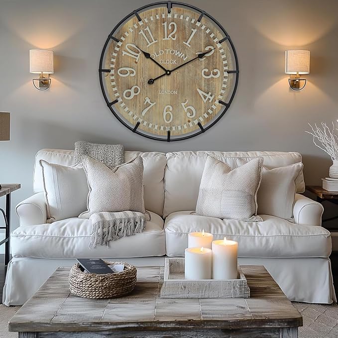 EMAX HOME 24 Inch Large Farmhouse Wall Clock - Rustic Antique Wood, Silent Battery Operated Clock for Office Kitchen Bedroom Living Room