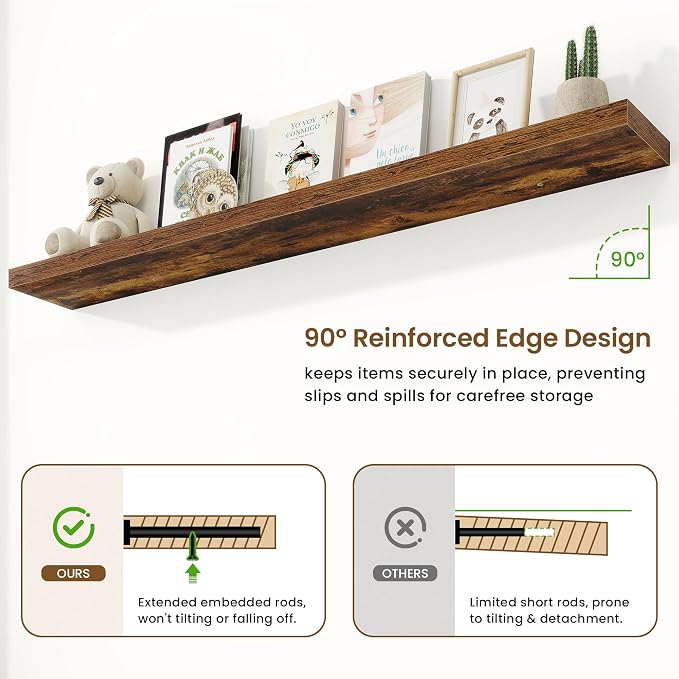 Marsmiles 55in Floating Shelves for Wall, 72" W x 9.25" D x 1.5" H, Long Wall Mounted Engineered Wood Shelves with Invisible Brackets for Living Room, Bedroom, Bathroom, Kitchen, Rustic Brown, 2Pcs