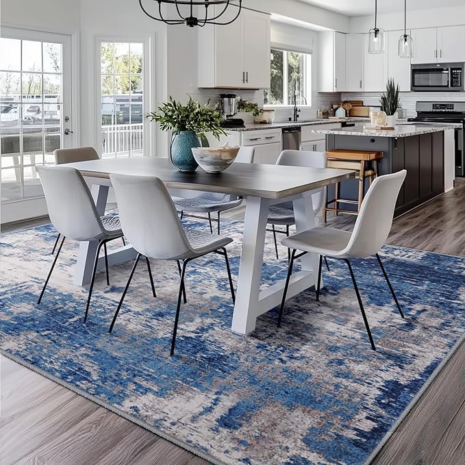RELEANY Washable Area Rugs 6'x9' Non-Slip Modern Abstract Soft for Living Room Entryway Bedroom Nursery, Print Pattern, Blue Grey Navy Gray