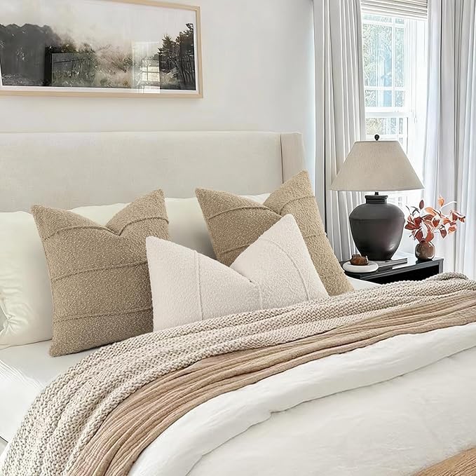 YCOLL Textured Boucle Throw Pillow Covers 20x20 Pack of 2 - Soft Neutral Striped Cushion Covers, Cozy Accent Decorative Pillow Covers for Couch, Sofa, Bed, Living Room (Taupe)