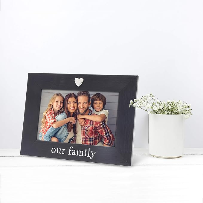 MIMOSA MOMENTS "Our Family Black 4x6 Picture Frame with Silver Heart Ornament, Tabletop Display, Family Photo Frame for Home Decor, Gift for Housewarming, Christmas, Home Keepsake