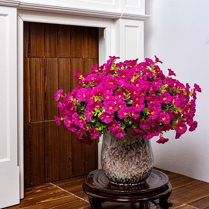 Nigirior Artificial Faux Flowers for Outdoor 16 Bundles Boxwood Fake Morning Glory for Planter,UV Resistant Fake Flowers for Home Porch Patio Outside（Magenta）