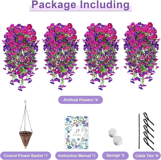 Artificial Hanging Flowers with Basket, 480 Blooms UV Resistant Faux Morning Glory Silk Plants, Fast & Easy Assembly Fake Hanging Baskets for Outdoor Porch Patio Garden Decor, Fuchsia&LightPurple
