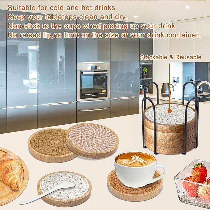 Eykao Coasters for Drinks Absorbent Sets of 8, Woven Coasters with Holder, Wood Coasters for Coffee Table, Housewarming Gift for Farmhouse Home Decor, 4 inches Brown & Gray