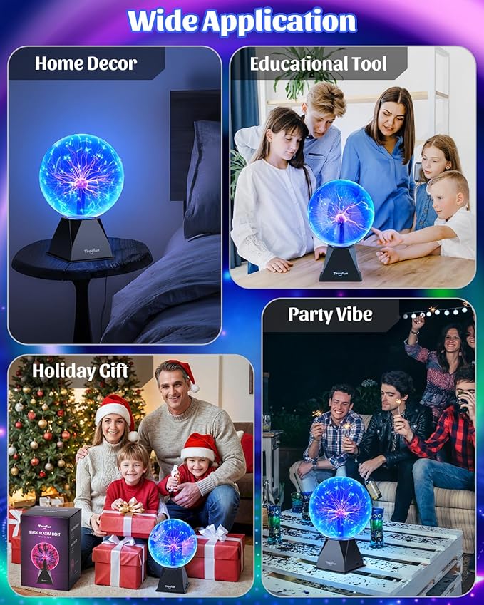 Theefun Blue Plasma Ball: 8 Inch Huge Plasma Globe Birthday Gifts Touch & Sound Sensitive Plasma Ball Lamp Electric Ball Lightning Novelty Light for Parties, Home, Prop, Room Decoration