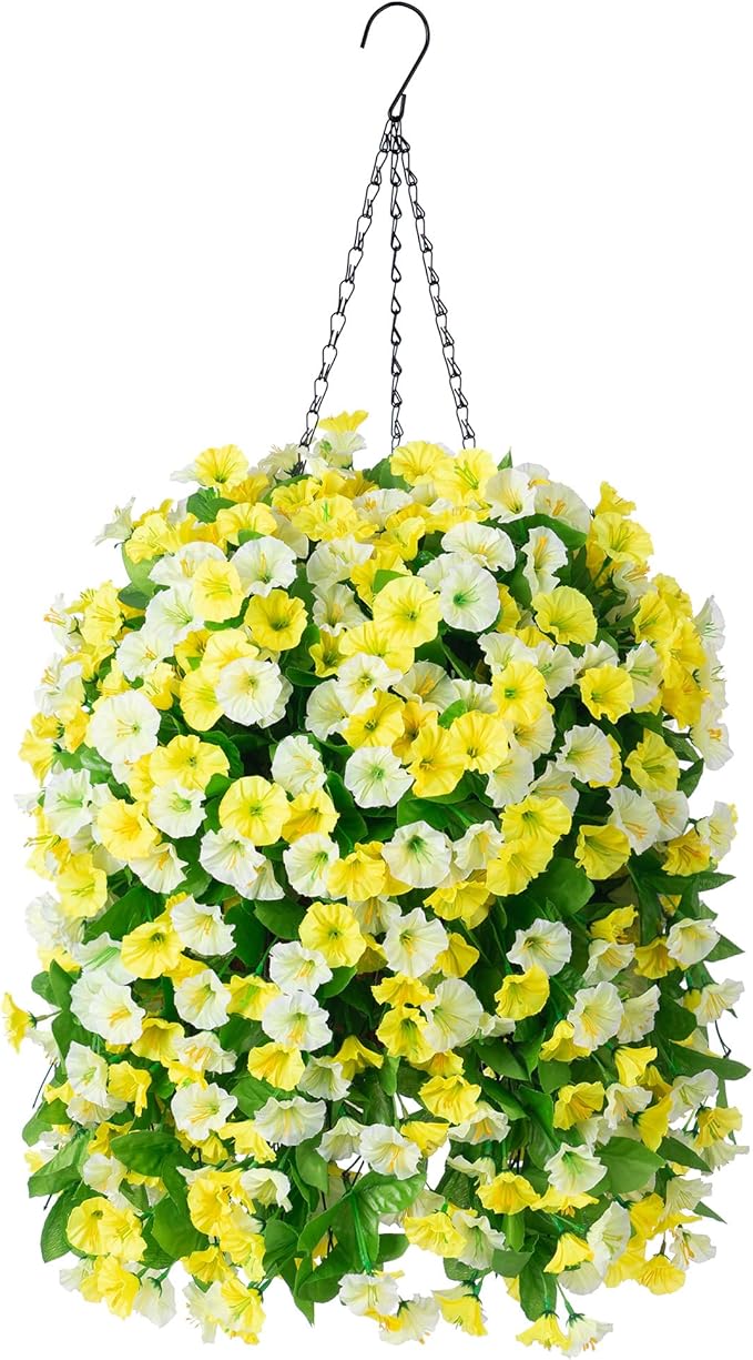 INXUGAO Artificial Flowers with Hanging Basket, Outdoor Faux Plants Silk Morning Glory Vines, Fake Green Arrangement for Garden Patio Spring Summer Decor(4pcs,Yellow White)