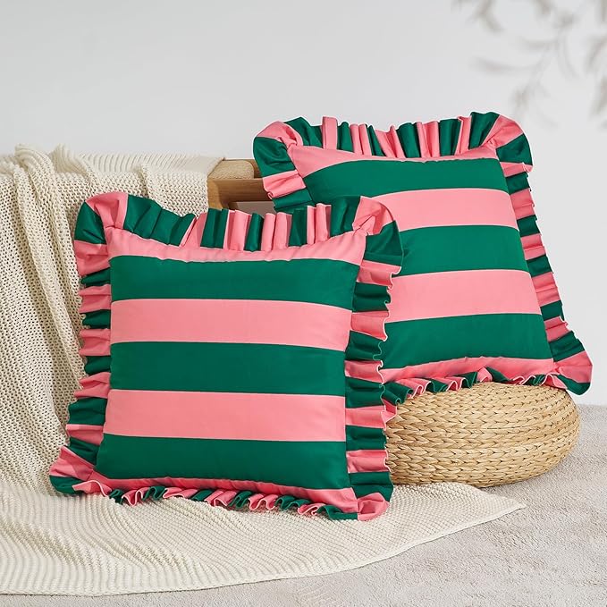 MONDAY MOOSE Decorative Throw Pillow Covers, Set of 2 Water-Resistant Striped Design with Ruffle Edge for Outdoor/Indoor Use, Pillow Inserts Not Included (22x22 inch, Pink/Dark Teal)