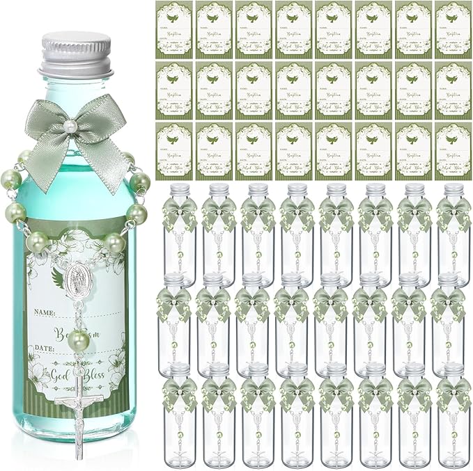 FillTouch 24 Sets Catholic Holy Water Bottle Baptism Rosary Set Baptism Favors 1.7oz Christian Water Container Empty Glass Holy Water Bottle for Easter Party Church Wedding Table Newborn (Green)