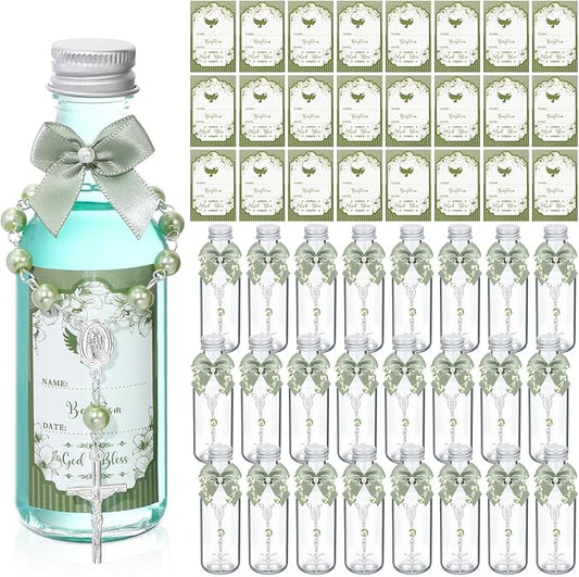FillTouch 24 Sets Catholic Holy Water Bottle Baptism Rosary Set Baptism Favors 1.7oz Christian Water Container Empty Glass Holy Water Bottle for Easter Party Church Wedding Table Newborn (Green)