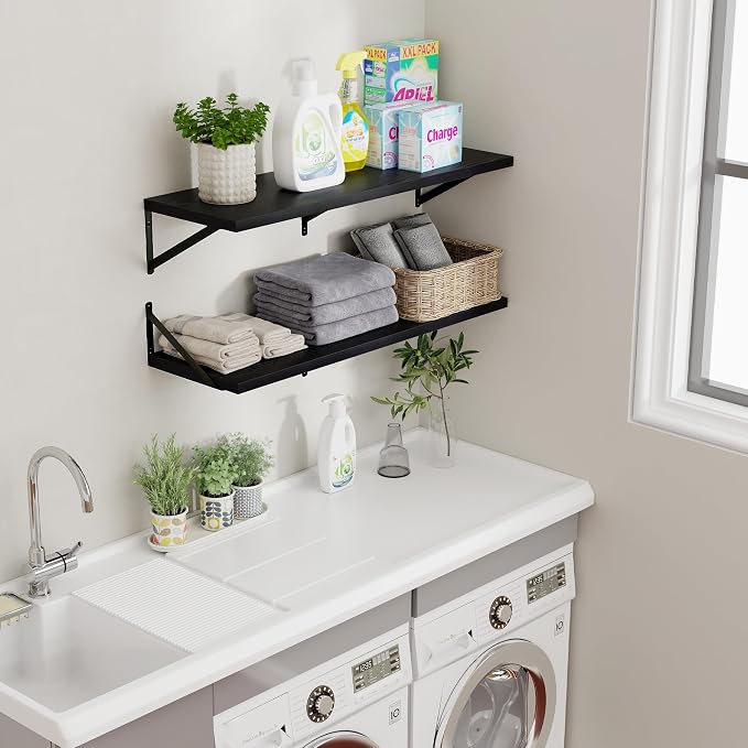 Axeman Floating Shelves for Wall Black- 36 Inch Wide x 12 Inch Deep Wall Shelves Set of 2 - Black Deep Wood Floating Shelves for Living Room Bedroom Laundry Room