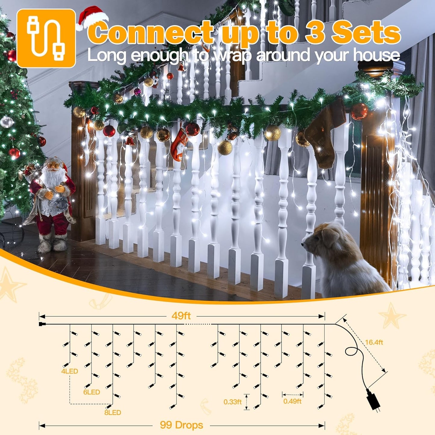 Ollny Icicle Lights Outdoor Cool White, 594LED 49FT Christmas Lights with Remote 8 Modes Dimmable, Waterproof Connectable Timer Hanging Light for House Outside Yard Indoor Decorations