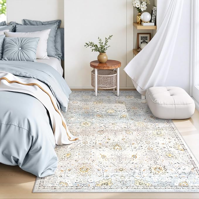 Lahome Flavie Boho Light Blue Area Rug 5x7 for Living Room, Soft Large Floral Rug for Bedroom Aesthetic, Machine Washable Floor Carpet Non Slip Indoor for Home Decor (Blue/Grey)