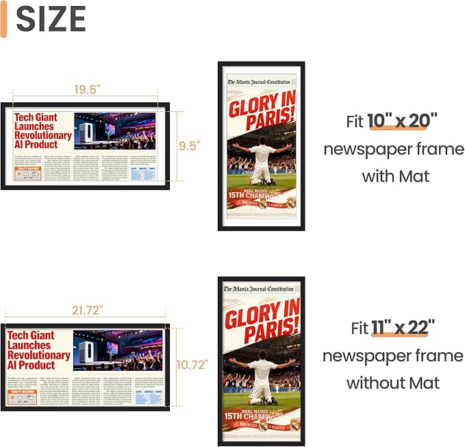 upsimples 11x22 newspaper frame, Display Pictures 10x20 with Mat or 11x22 Without, Wall Hanging Photo Frame, Black, 1 Pack