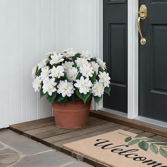 VIERENA 16 Bundles Artificial Dahlia Flowers for Outdoors Spring Summer Decor, No Fade Silk Flower Faux Dahlias Plant Arrangement for Home Garden Balcony Farmhouse（White）
