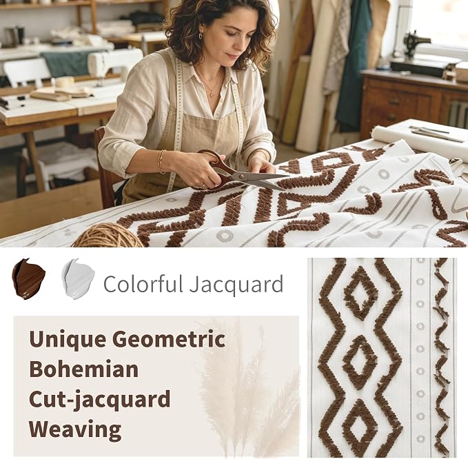 BGment Jacquard Brown Linen Curtains for Living Room, Boho Tufted Pom Stripe Modern Farmhouse Drapes for Bedroom Light Filtering, 52 X 84 Inch, 2 Panels