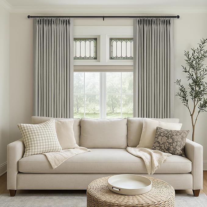102 Inch Long Curtains Pinch Pleated Curtains for Living Room Sliding Door 2 Panels Rustic Grey Thick Linen Textured Memory Trained Light Filtering Pinch Pleat Curtain Drapes Gray Semi Sheer Bedroom