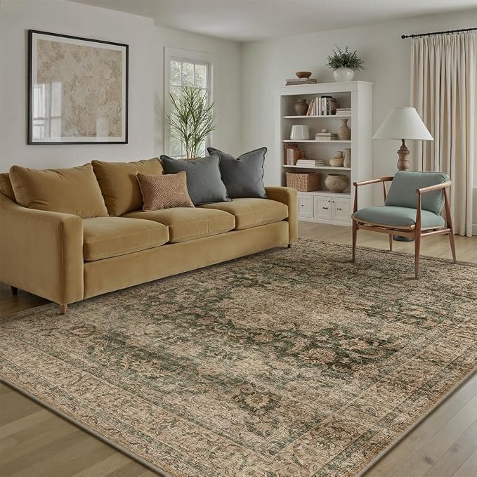 6x9 Washable Area Rug Green Brown Vintage Non Slip Soft Low Pile Rug for Living Room Bedroom Dining Room Office Distressed Oriental Indoor Throw Carpet for Home Decor