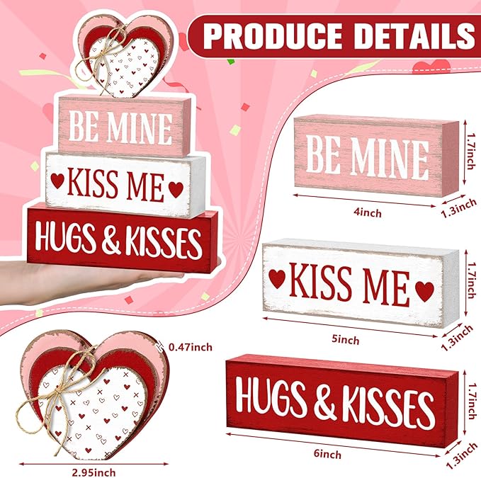 Marsui 4 Pcs Valentine's Day Decorations for Home Heart Table Decor Rustic Distressed Wooden Signs Valentines Centerpieces Blocks Farmhouse Valentines Tiered Tray Decor for Desk Shelf Mantel Indoor
