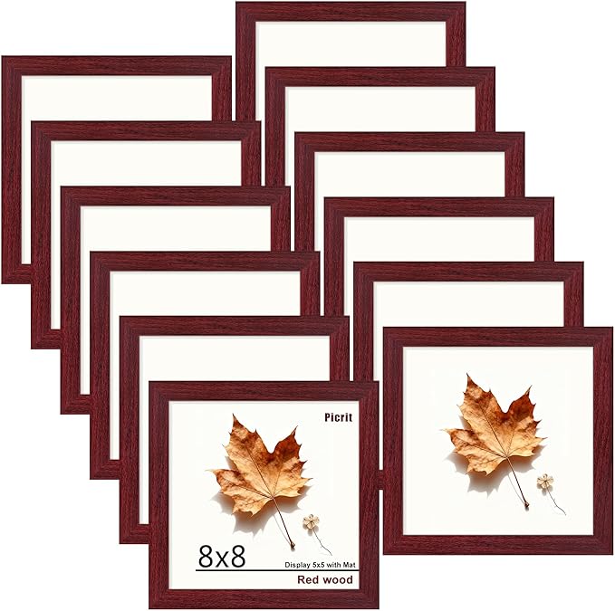 Picrit 8x8 Picture Frame Set of 12, Display 5x5 with Mat or 8 x 8 Without Mat, Photo Frames for Wall Mounting or Table Top Display, Dark Red Wood