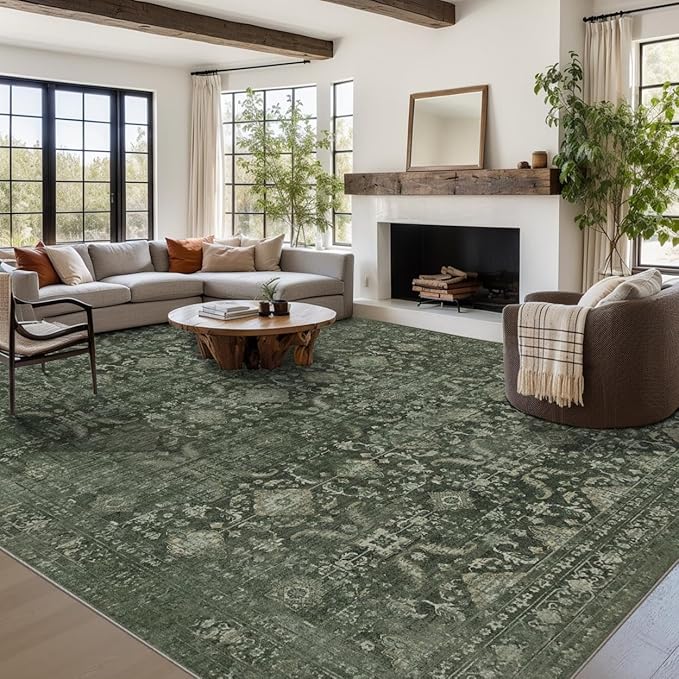 Rugxara 9x12 Area Rugs for Living Room Bedroom, Large Washable Rug, Green Vintage Floral Boho Rug, Non Slip & Low Pile Faux Wool Thin Carpet for Indoor Dining Room and Kids Room(Green 9x12ft)