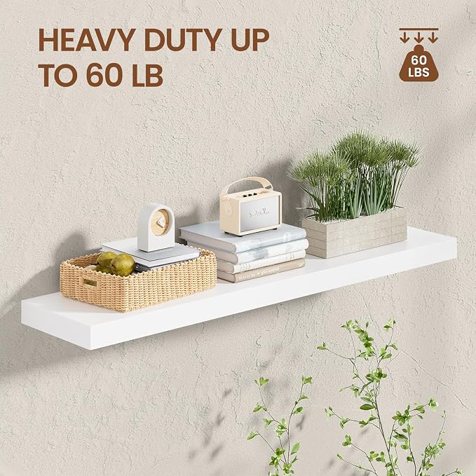Heimlove Wooden Floating Shelves for Wall, White Pine Shelves Set of 2, 36 in Rustic Wood 8 Inch Deep Floating Shelf with Invisible Brackets for Bedroom Kitchen Living Room - Classic White