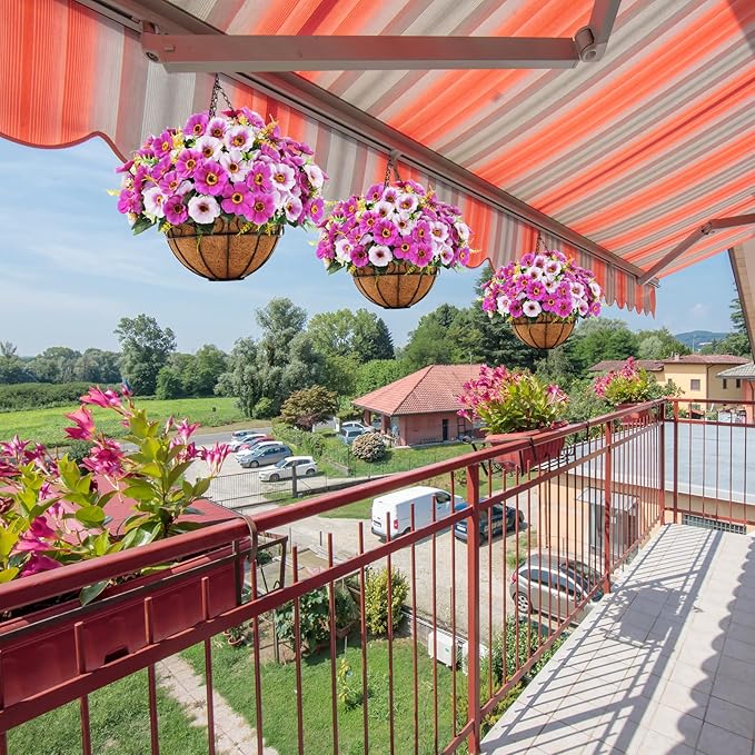 Ouddy Decor Artificial Hanging Flowers with Basket, Fake Silk Hanging Flowers in Coconut Lining Basket Faux Hanging Plants for Outdoor Indoor Spring Garden Porch Patio Balcony Home Decor, Red