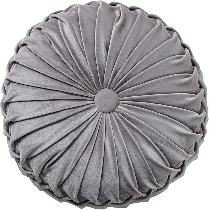 MOJUN Velvet Throw Pillow - Round, Pleated, Filled - Home Decorative Pillow for Couch, Chair, Bed, Car, Floor (Grey, 14inch)