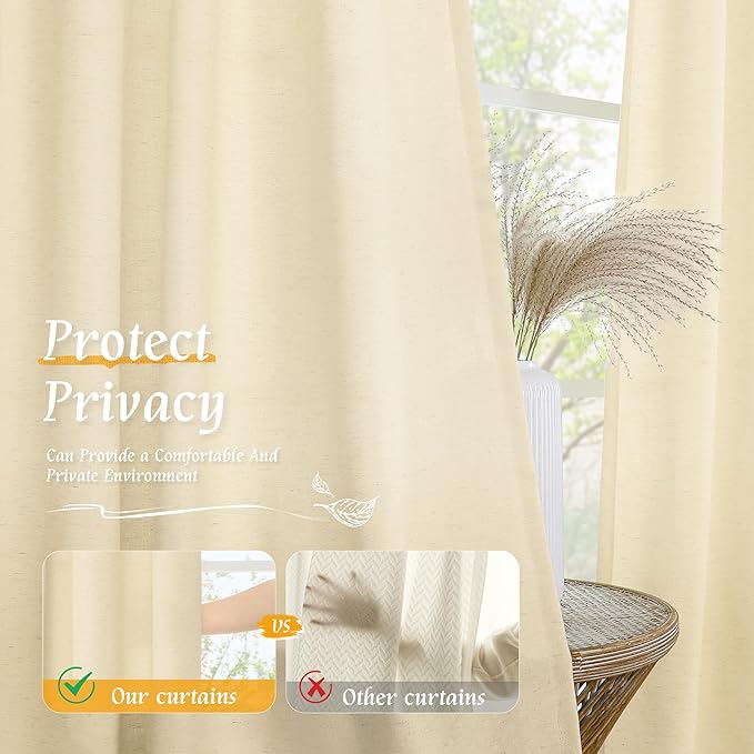LAMIT Beige Linen Curtains for Small Windows, 45 Inches Long 2 Panels Light Filtering Panels Rod Pocket Neutral Privacy Window Drapes for Living Room/Bedroom, 42 x 45 Inch