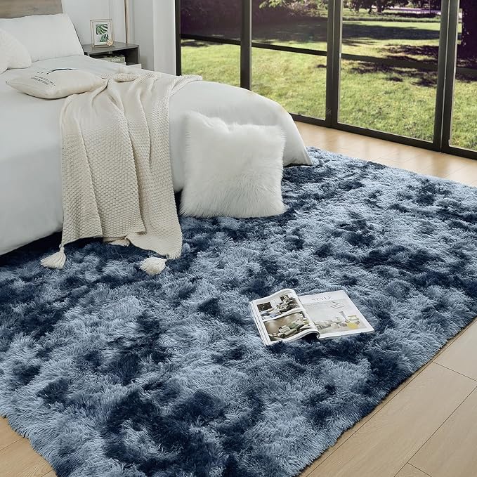 AROGAN Soft Rainbow Area Rugs for Girls Room, Fluffy Girls Bedroom Rugs, Princess Rug, Cute Colorful Carpet for Kids Teens Nursery Toddler (Blue-Grey, 4×6 Feet)