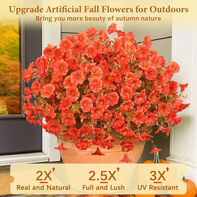 MARTINE MALL Artificial Fall Flowers for Outdoors, 12 Bundles Faux Fall Flower for Outdoor Planters, UV Resistant Fall Flowers Artificial for Outdoors Fake Autumn Petunias for Front Porch (Orange)
