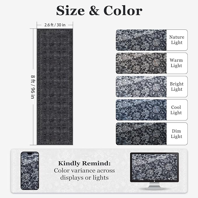 Dark 2'6''x8' Kitchen Runner Rug, Vintage Farmhouse Carpet Runners for Hallway 8ft Non Slip Washable, Low Pile Thin Entryway Runner Rug Indoor Foyer Mudroom Bathroom Bedroom, Midnight