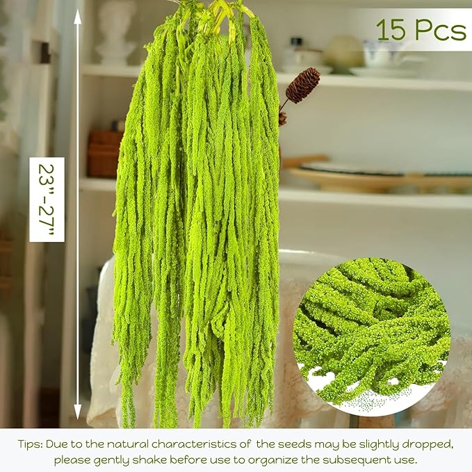 15Pcs Neon Green Preserved Hanging Amaranthus Flowers - 23" Cascading Dried Flower Tassels for Wedding Arch, Backdrop Installations, Vase Arrangements & Home Decor
