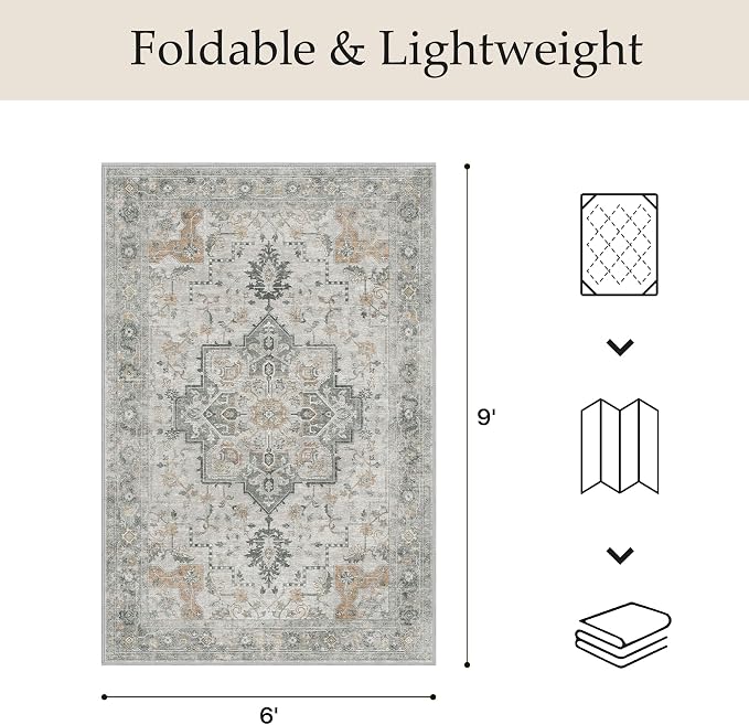 GENIMO Outdoor & Indoor Area Rug 6'x9', Waterproof, Non-Shedding, Easy Cleaning, Boho Mat for Patio, Living Room, Balcony, Dining Room, RV, Deck, Bedroom, Camping, Outside Carpet,Light Grey Brown