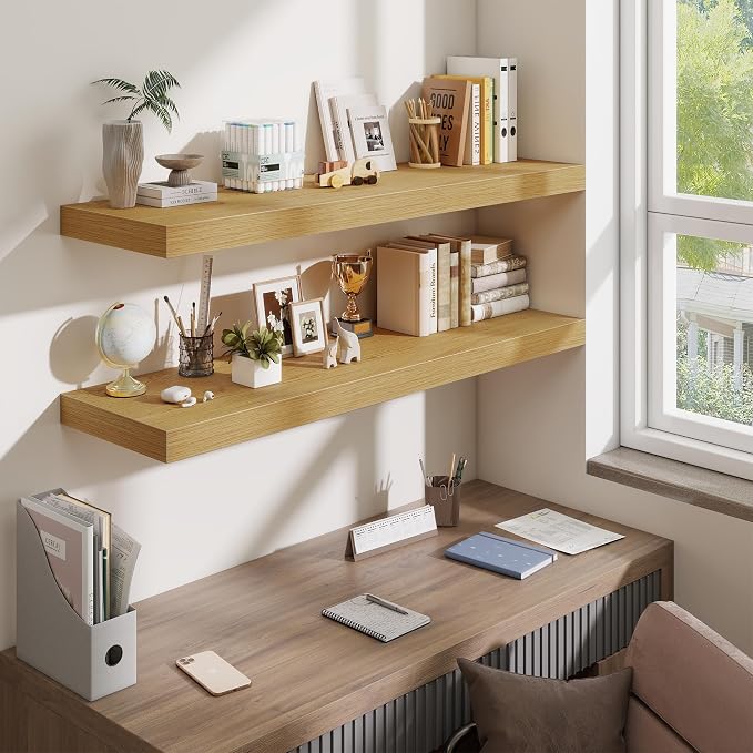 Fun Memories 48 Inch Floating Shelves for Wall - 12 Inch Deep Fireplace Mantel Shelf - Wood Floating Shelf for Wall - Large Storage Shelves Wall Mount for Living Room & Bedroom - Oak - Set of 1
