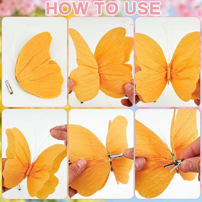 OBBOLO 3D Hanging Butterfly Decorations, Colorful Butterfly Birthday Party Decorations with Tissue Pompom Garland, 6 Pcs Paper Hanging Decorations for Girls, Women, Flower Garden Party Décor