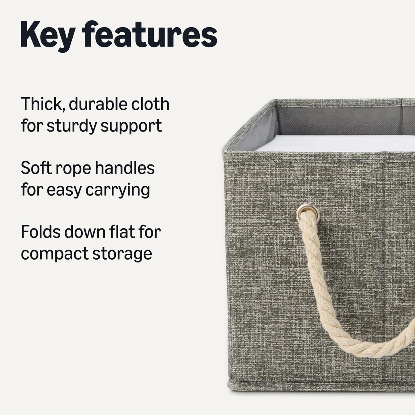 Amazon Basics Foldable Storage Bins with Rope Handles, Charcoal, Large, Pack of 3