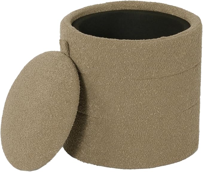 HomePop Storage Round Ottoman with Removable Lid |Homepop Home Décor|Upholstered Round Foot Rest Ottoman - Brown Boucle