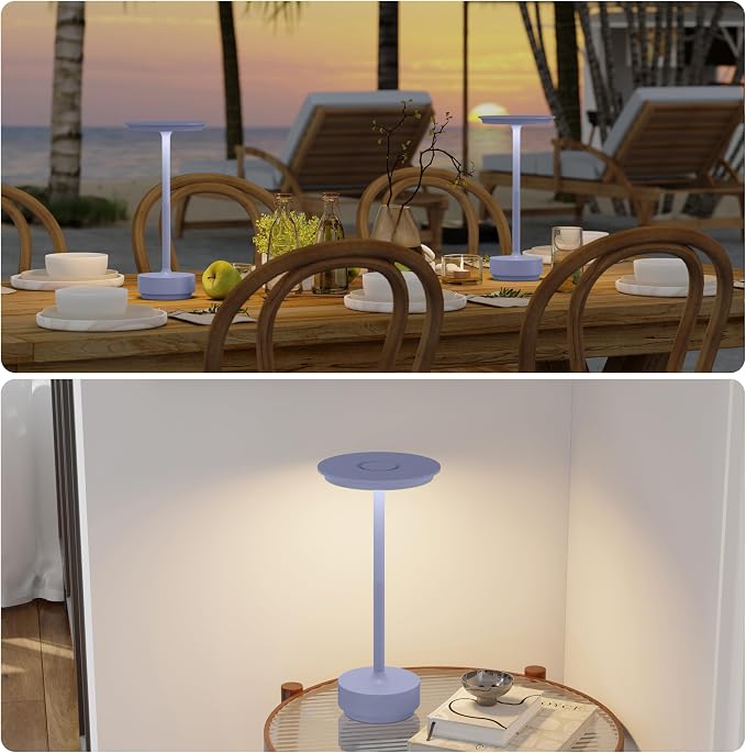 TBBGA 2 Pack Rechargeable Cordless Table Lamps, Portable 5000mAh Outdoor Table Light, 3 Color Stepless Dimming LED Table Lamp with Memory Function, for Home/Dinner/Patio/Restaurant.(Light Purple)