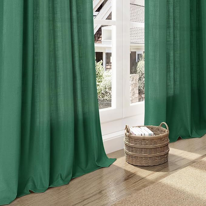 Nanspring Dark Green Linen Curtains 84 Inch Length 2 Panels Set for Living Room Rod Pocket Back Tab Light Filtering Window Drapes for Bedroom Dining Room Privacy Country Farmhouse Decor 52x84