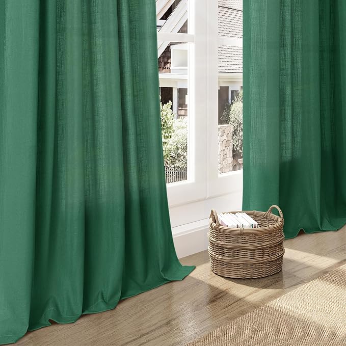 Dark Green Linen Curtains 90 Inch Long 2 Panels Set for Bedroom Living Room Emerald Green Linen Textured Window Drapes Semi Sheer Light Filtering Rod Pocket Back Tab Farmhouse Curtain 52x90