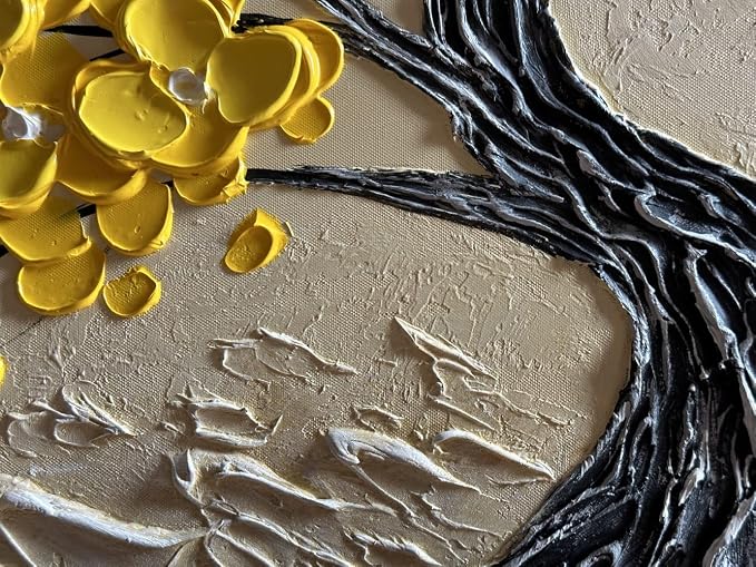 zoinart 3D Oil Paintings, 24"x48", Texture Yellow Tree Wall Art, Abstract Floral Painting Home Decorations Contemporary Art for Living Room Bedroom Office Kitchen Wall Decor