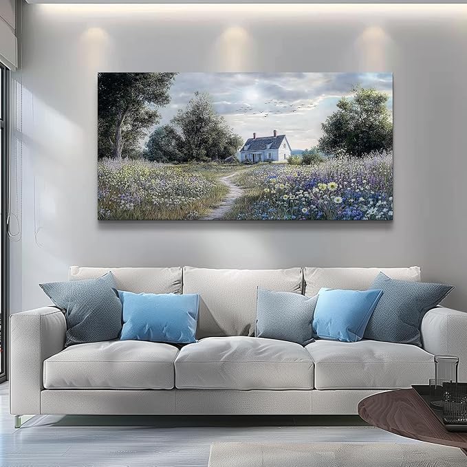 KELIYUAN Wall Art For Living Room Large Wall Decor Canvas Painting Retro Pastoral Flower Sea Landscape Painting Farmhouse Office Bedroom Artwork Picture For Print For Home Decoration 24x48 Inches