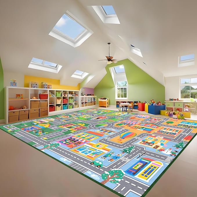 Car Rug Play Mat 9x12 Feet, Kids Rugs for Bedroom Educational Traffic Road Carpet for Kids Decorate Nursery Toddler Classroom Preschool Living Room Playroom