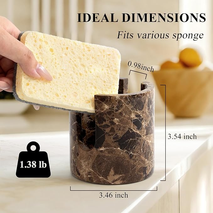 Natural Marble Sponge Holder, Sink Caddy for Kitchen Counter, Marble Decor Dish Sponge Holder with Anti-Slip Pad for Kitchen Sink Countertop, Fast Drying Rack, Caddy - Dark Brown