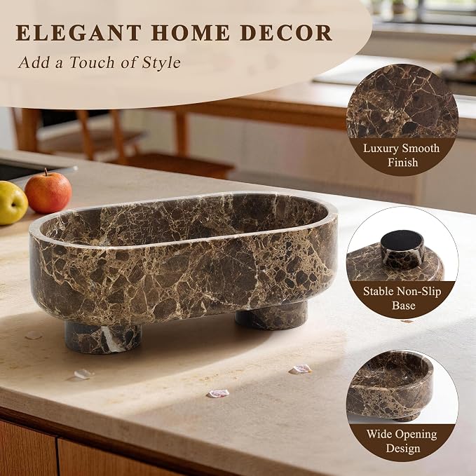 Natural Oval Marble Fruit Bowl, Two-Legged Decorative Bowl Dark Brown | 10" Large Handcrafted Marble Catchall Bowl for Home Decor. Fruit Basket Bowl, Entryway Bowl, Pedestal Bowl for Dining Table