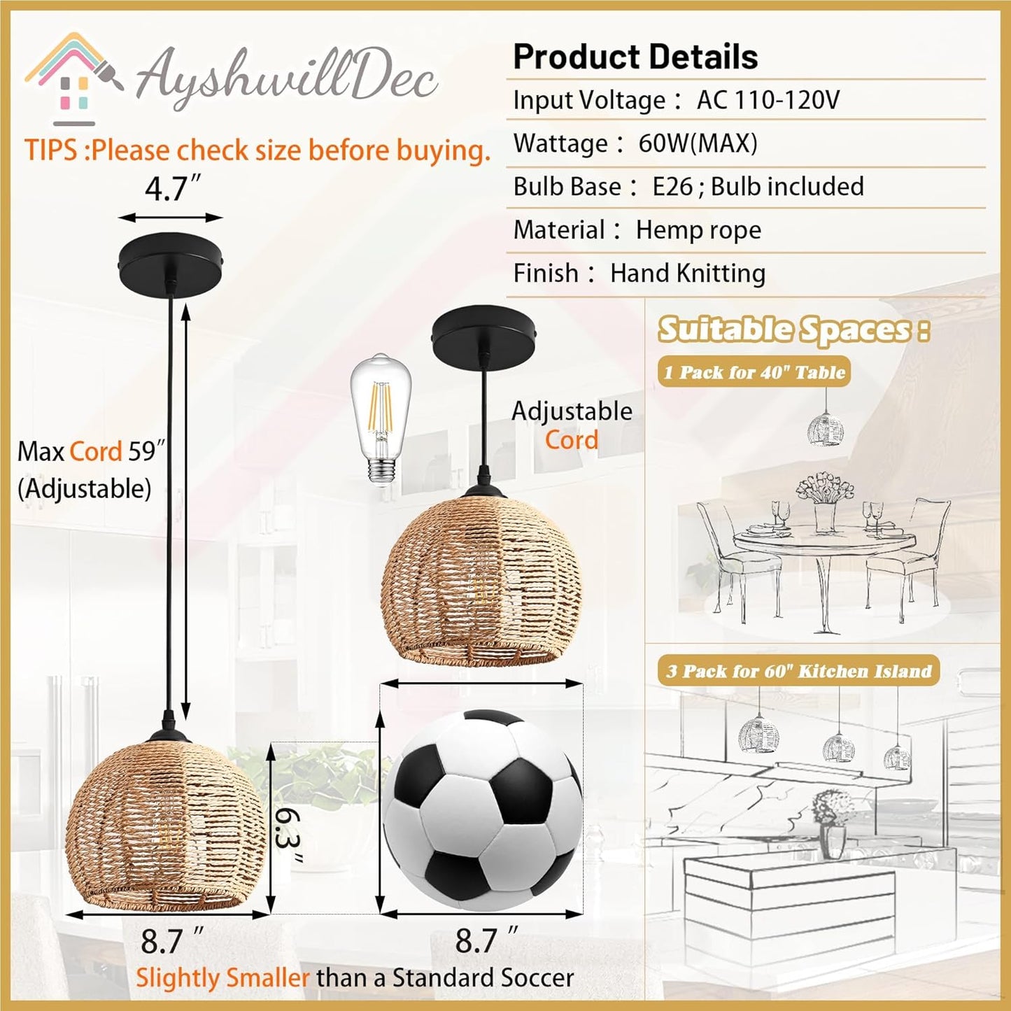 3 Pack Wicker Pendant Light Natural Woven Pendant Light Boho Chandelier Light Fixture Dome Rustic Farmhouse Pendant Lights Rattan Light Fixture for Dining Room Kitchen Island (Bulb Incl.)