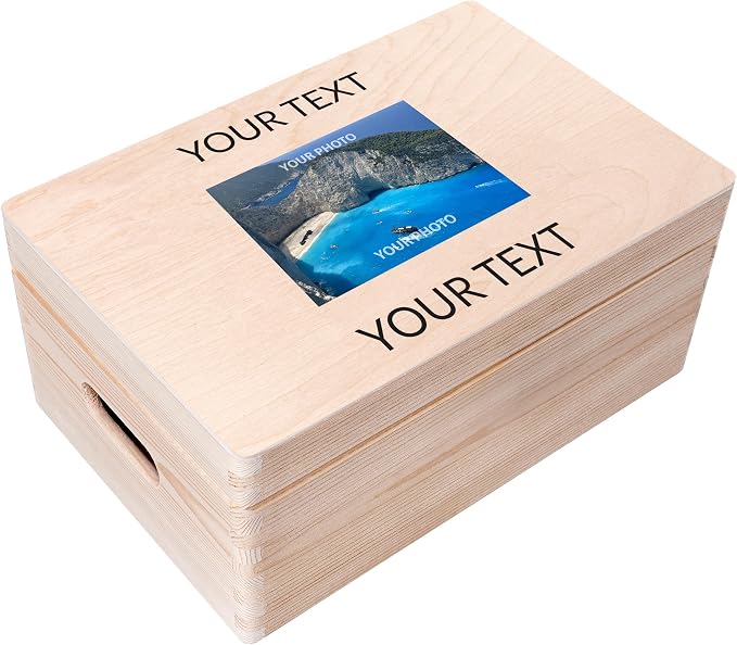 Creative Deco Personalized Wooden Storage Box | 11.8x7.87x5.51in (+-0.5) | Hinged Lid Handles Engraving | Personalised Text + Photo | Unpainted Gift Box | ROUGH UNSANDED Keepsake Memory Souvenir Chest